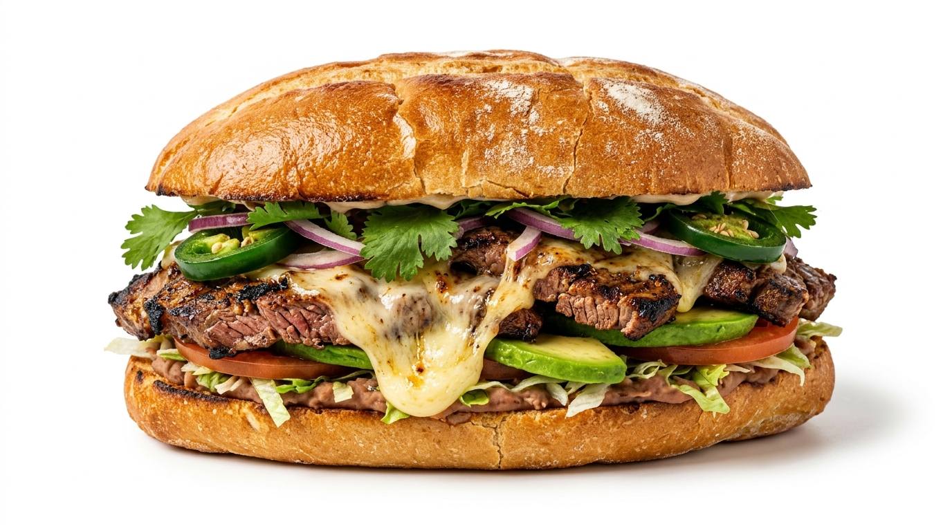 A giant torta stacked with grilled steak, melted cheese, avocado, jalape&ntilde;o and cilantro