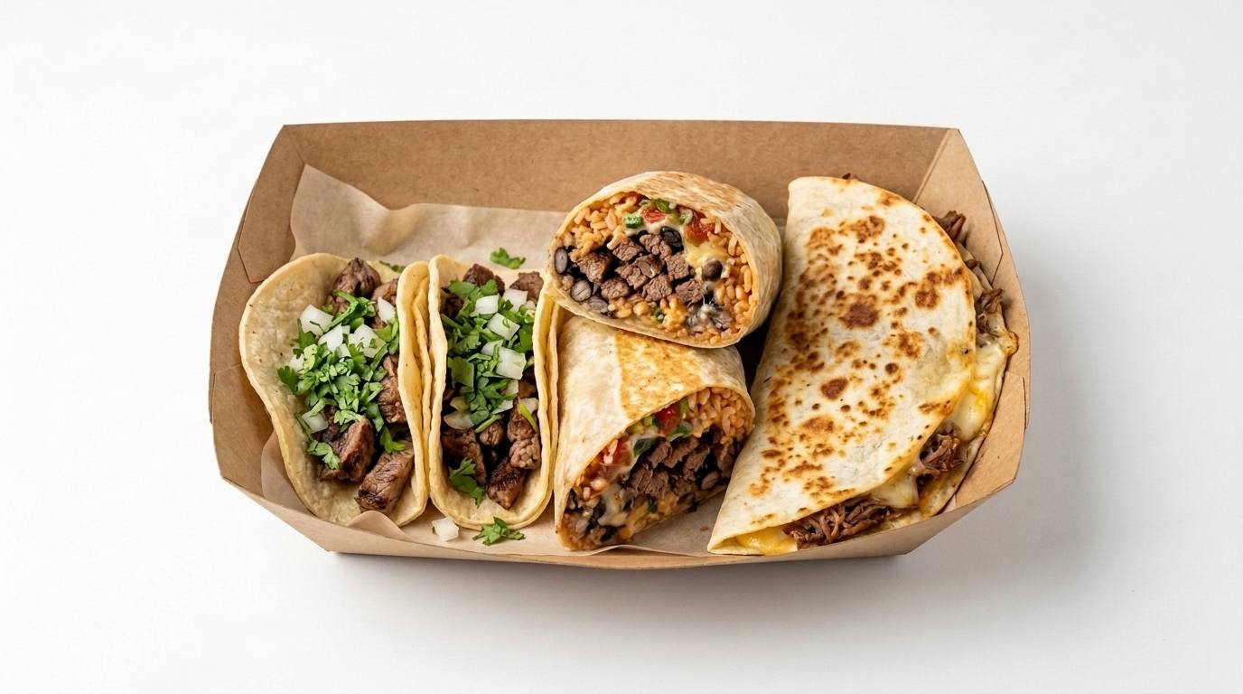 A paper tray with tacos, a burrito cut in half and a folded quesadilla