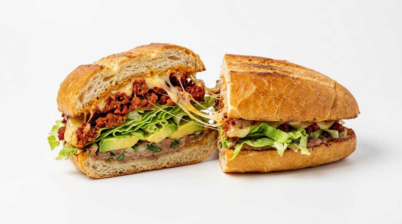 A torta cut in half showing toasted bread, crumbled chorizo, stretchy Oaxaca cheese and fresh lettuce