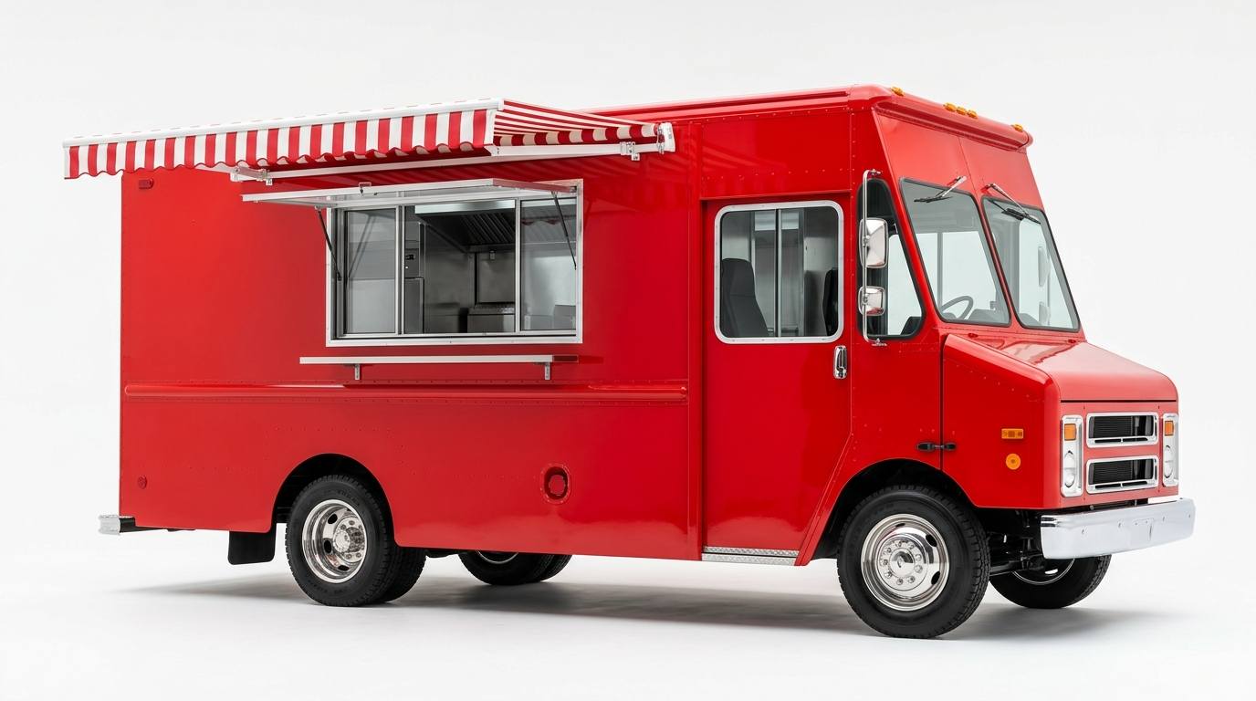 A red food truck with an open service window and a striped awning